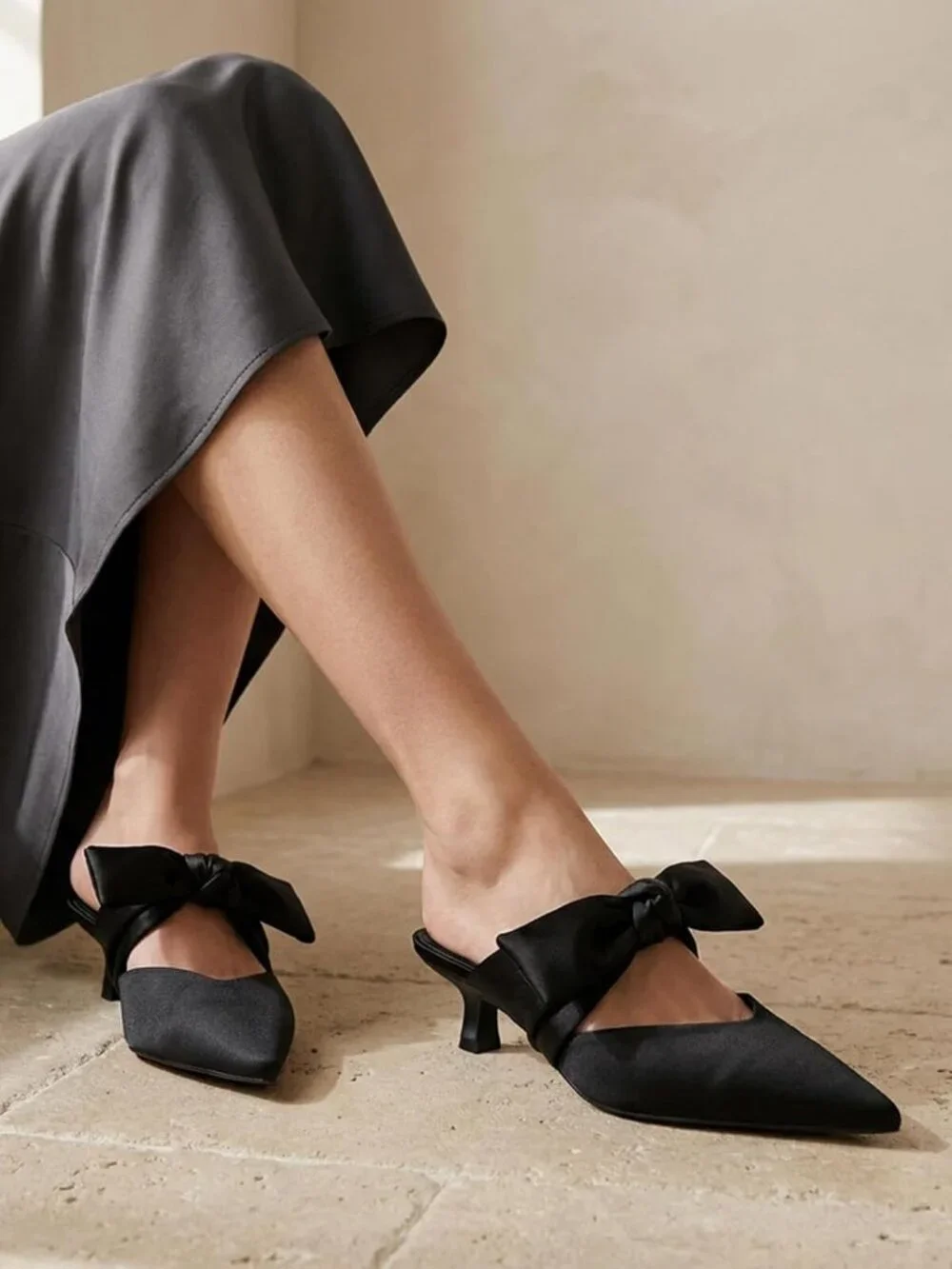 Women's Black Rubber Satin Bow Strap Kitten Heels Pointed Toe Slip On Mule Pumps
